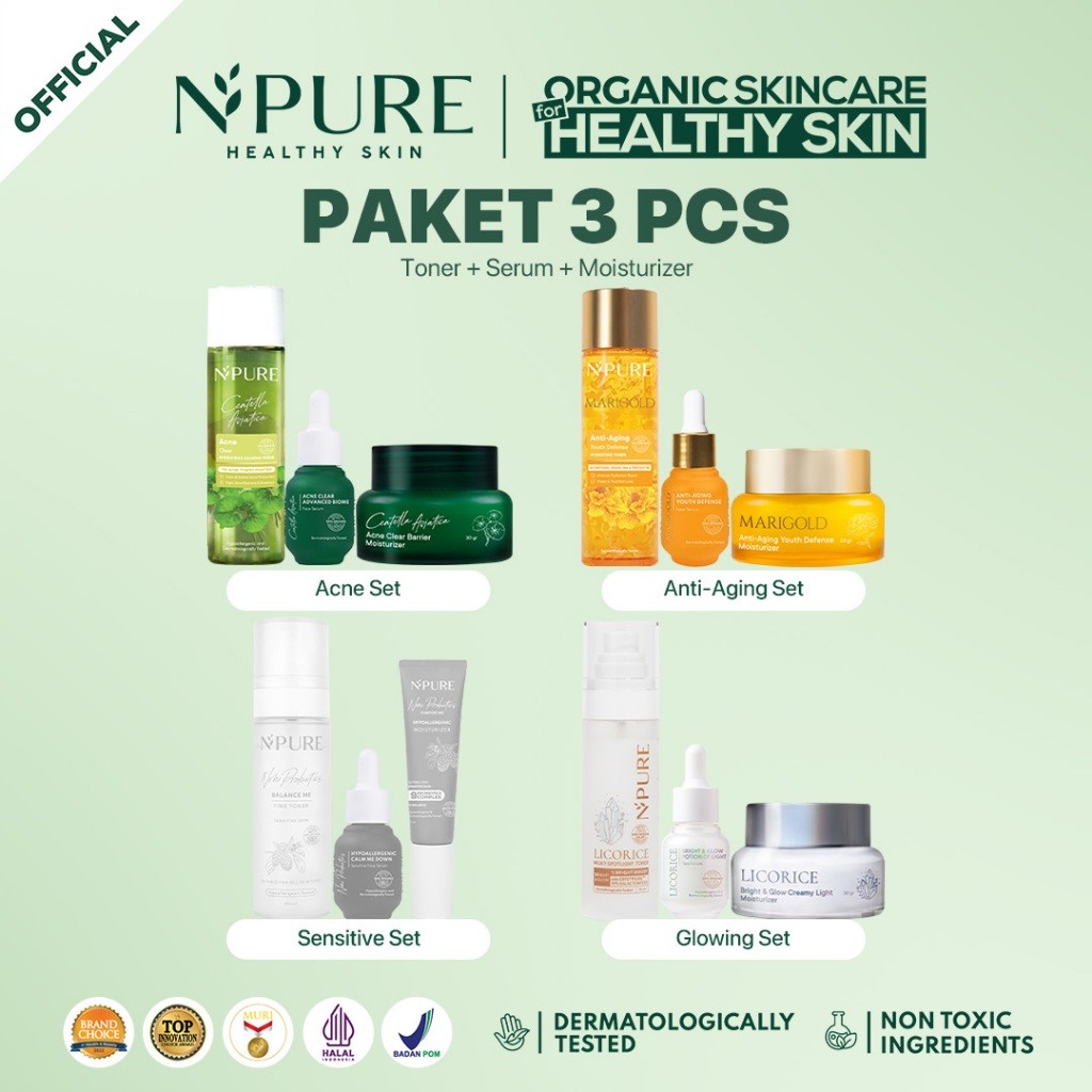 PAKET HEMAT 3PCS - NPURE BUNDLING Toner + Serum + Moisturizer / Cica Acne Care / Licorice Mencerahka