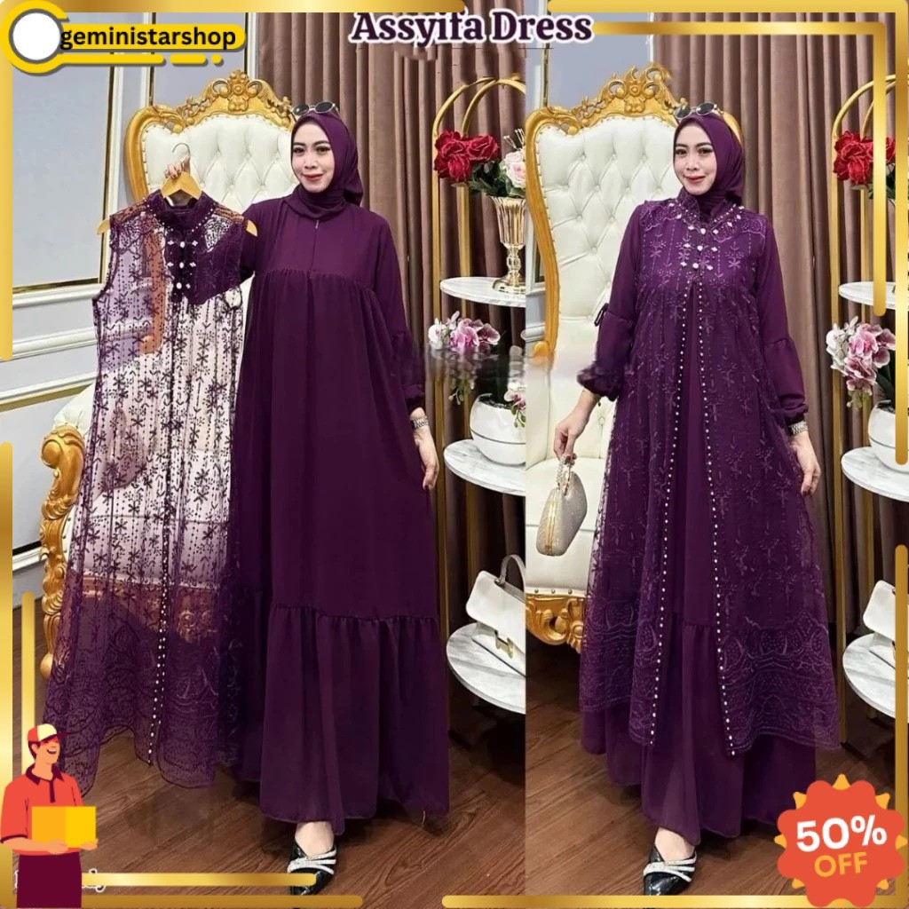 JUAL Baju Gamis Set Outer Brukat Terpisah Model Terbaru Assyifa Dress BO Bahan Ceruty Babydoll Aplik