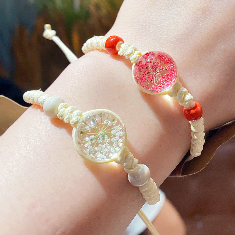Gelang Kaca Bunga Kering - Kristal dengan Bunga Asli, Gaya Alami & Rajut Tangan