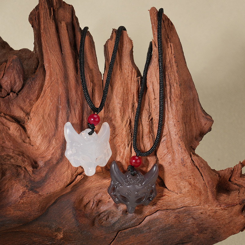 COD Kalung Natural Giok Rubah Air Biru Liontin Kalung Topeng Rubah Ekor Sembilan