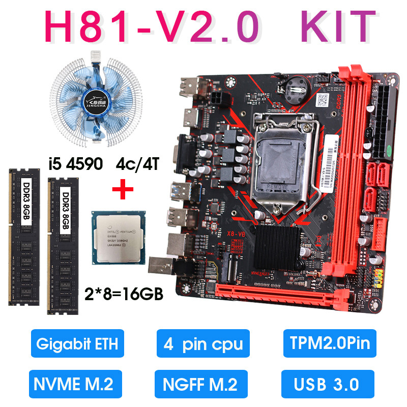 H81 mini itx motherboard set kit with I5 4590 CPU 16GB DDR3 1600MHZ Memory and CPU Cooler combo set 