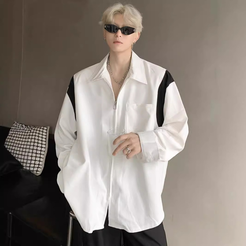 [Saror]Kemeja putih untuk pria, jaket kemeja lengan panjang dengan desain patchwork