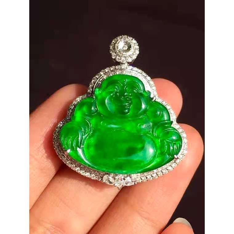 Liontin Buddha dari batu giok hijau alami kualitas A, dengan inlay emas 18k, ornamen Buddha Tersenyu