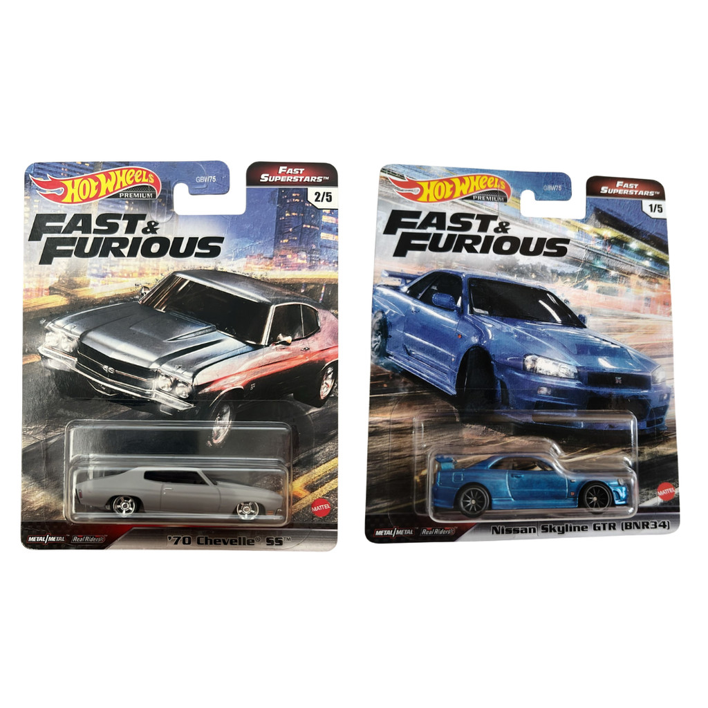 HOT WHEELS PREMIUM FAST FURIOUS BLUE NISSAN SKYLINE GTR R34, GRAY CHEVELLE SS, ORANGE TOYOTA GR SUPR