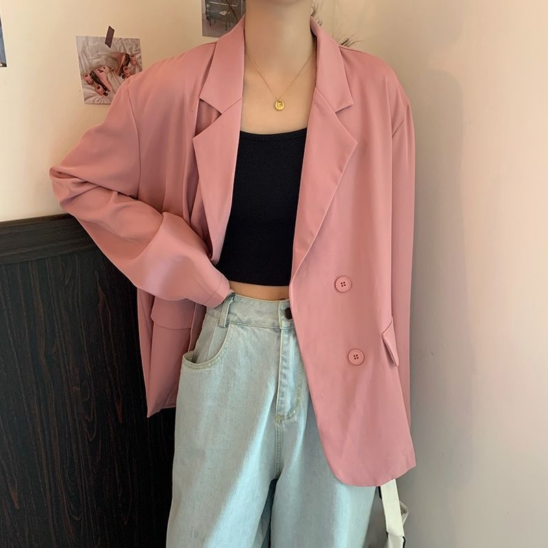 Blazer Wanita Gaya Korea, Blazer Longgar Lengan Panjang