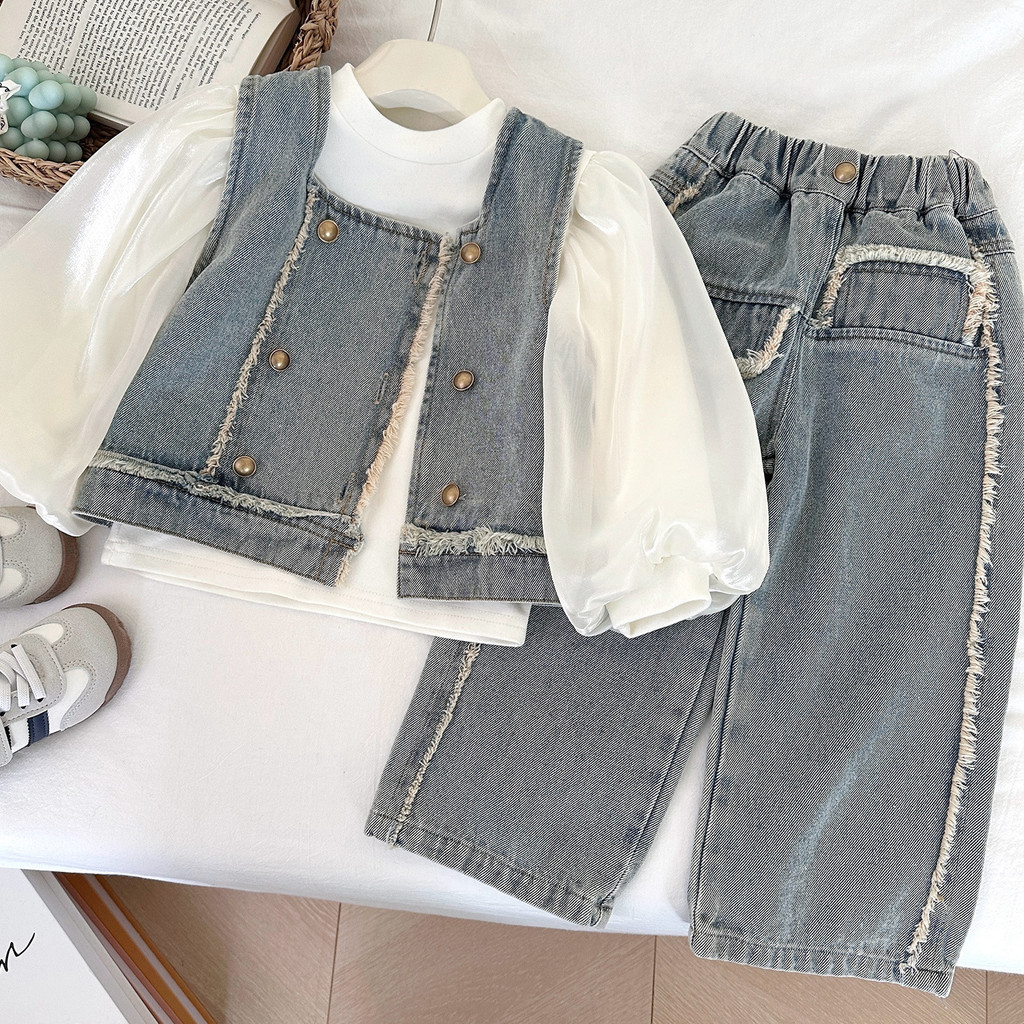 Set Rompi Anak Perempuan: Rompi Denim Baru dan Kemeja Dasar