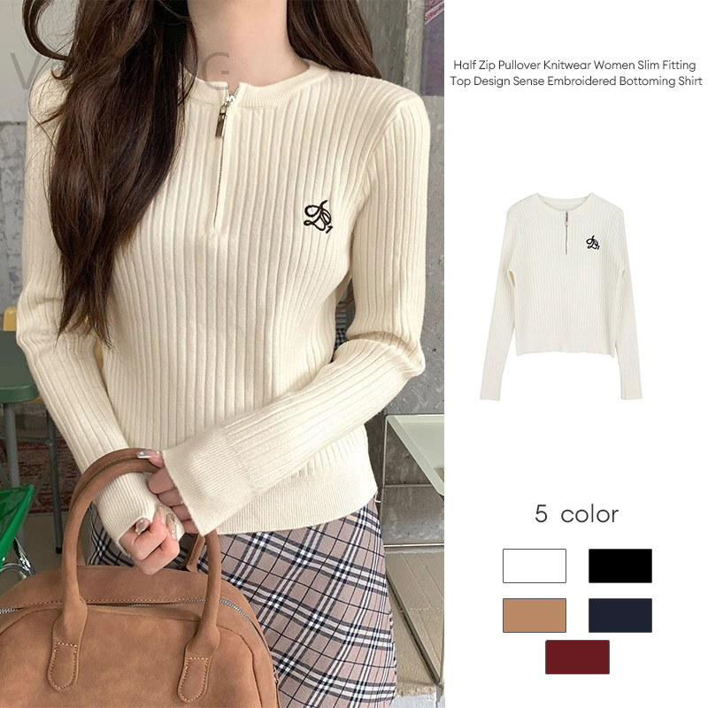 VIDOG_Ritsleting Setengah Pullover Pakaian Rajut Wanita Pas Badan Atasan Bordir Selera Desain Kemeja