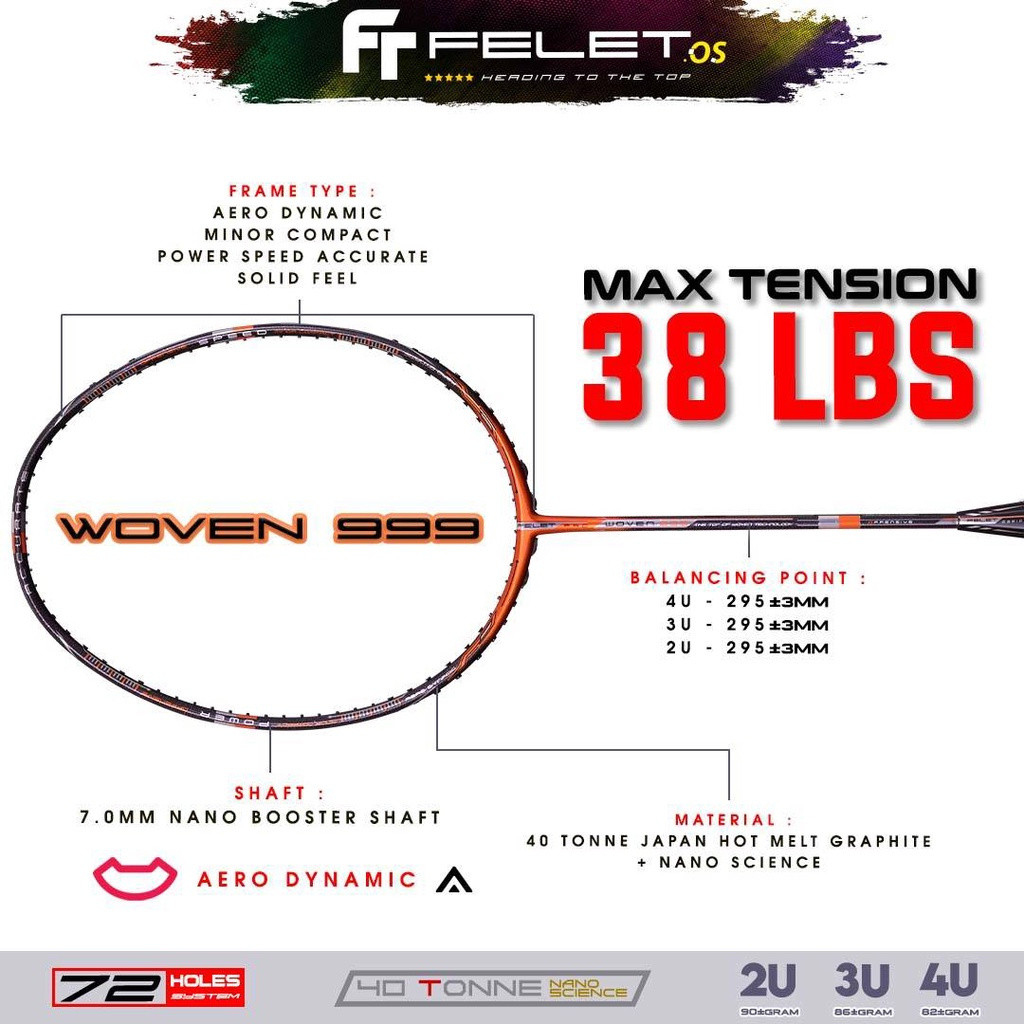 FELET WOVEN 999 - HIGH END PROFESIONAL RACKET UP TO 38 LBS ORIGINAL FELET 100% [2]