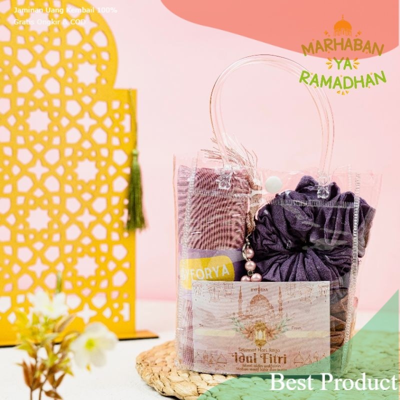 BYFORYA - HAMPERS HIJAB SAJADAH TASBIH SCRUNCHIE DENGAN TAS MIKA MEWAH / souvenir spesial kemasan