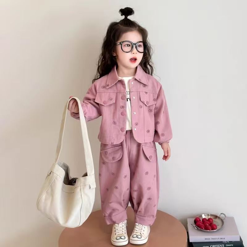 One Set Setelan Anak Perempuan Korea Katun Bunga Manis Jaket Lengan Panjang Bahan Katun+Celana Panja