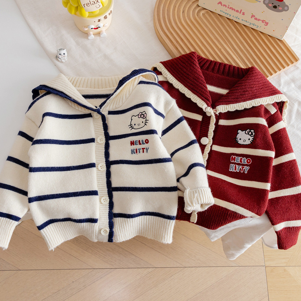 Cardigan Gaya Korea Untuk Anak Perempuan Sweater Rajut Motif Kartun Kucing Bergaris Dengan Kerah Pel