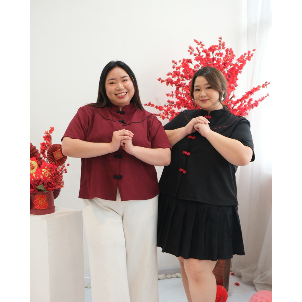 JIALING ATASAN QIPAO SNCIA IMLEK BIGSIZE WANITA TOP BLOUSE MERAH MARON SANGHAI