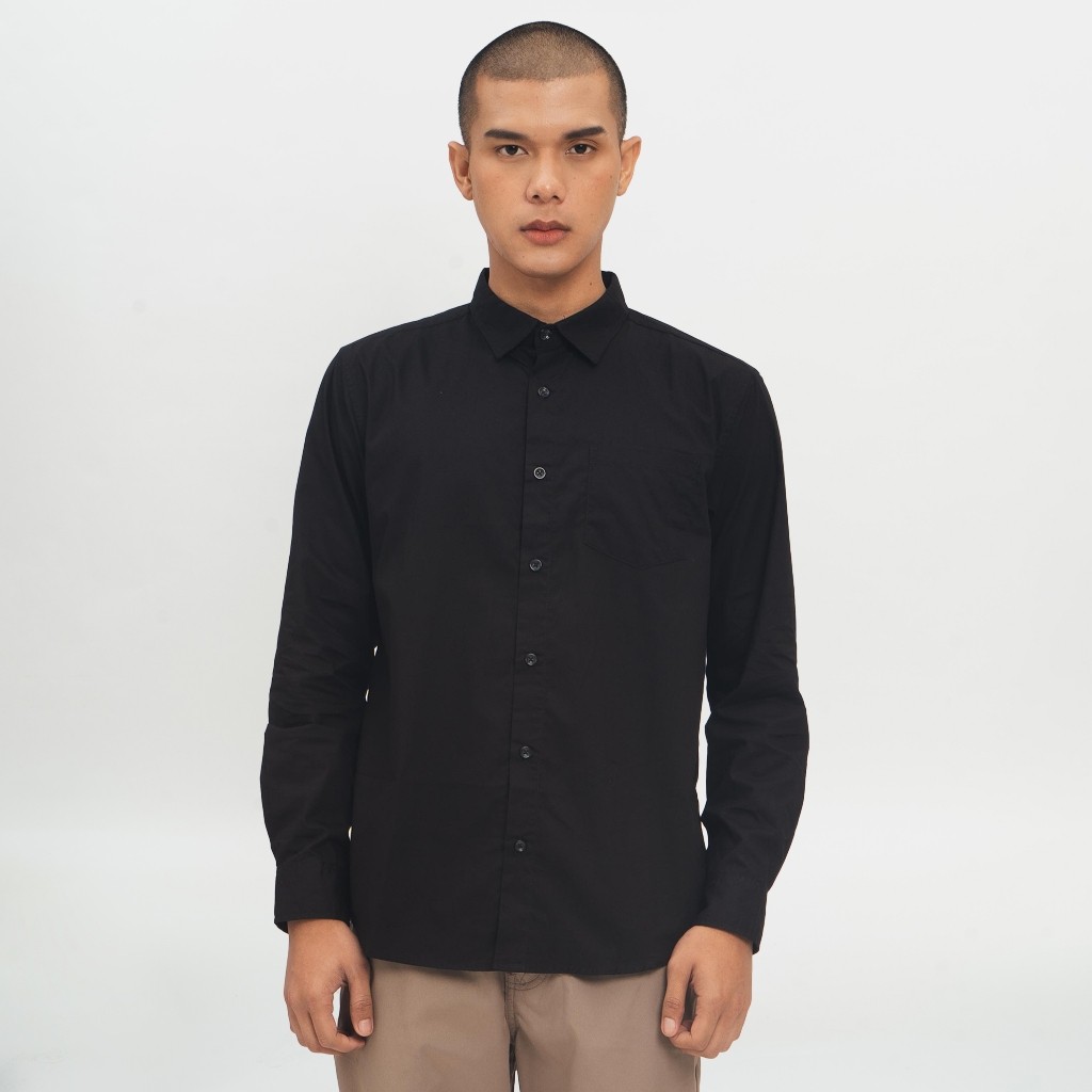 M231 Kemeja Pria Basic Polos Panjang Hitam 1468D