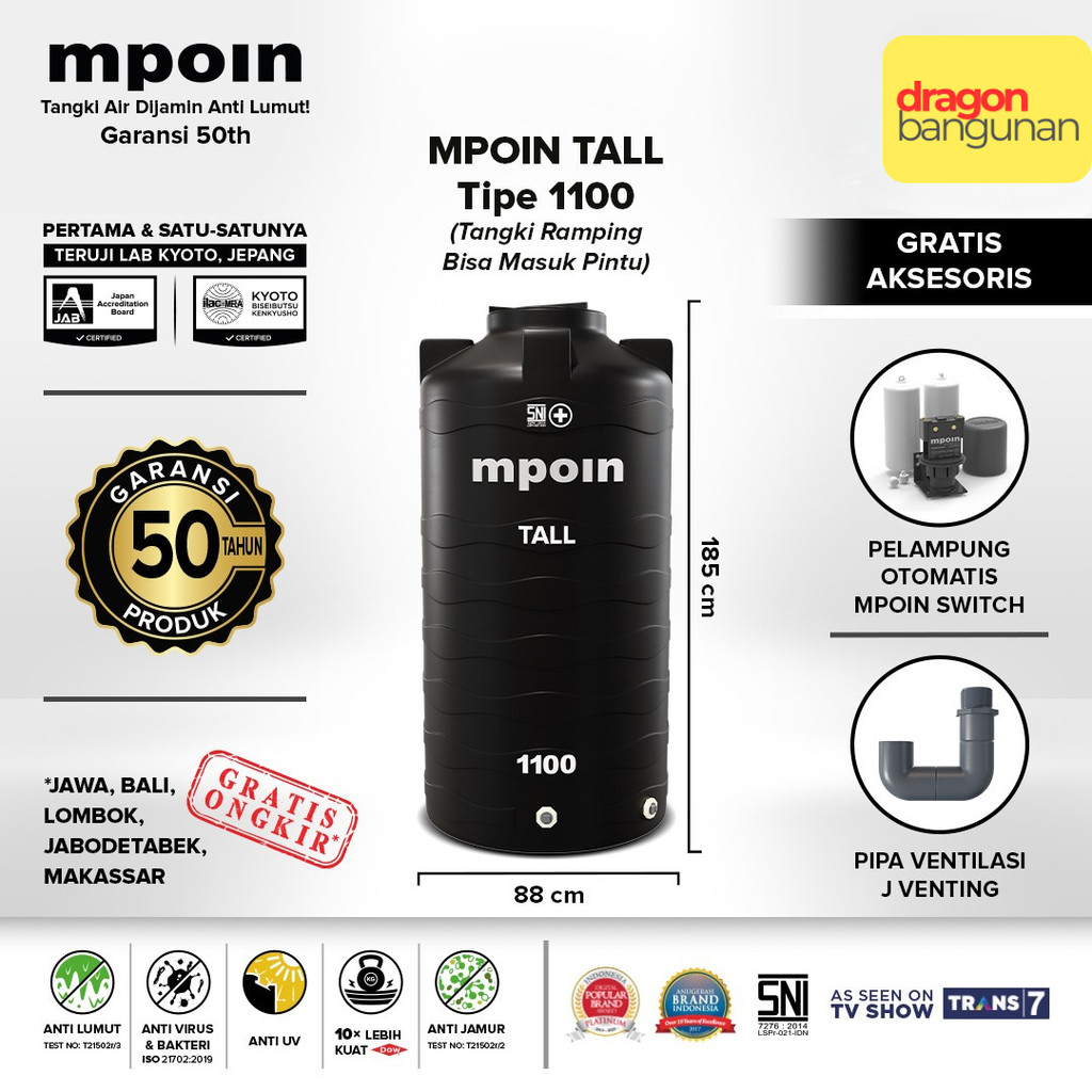 Tangki Air Mpoin Tall 1100 Hitam - Toren Air Mpoin Tall 1100 Liter