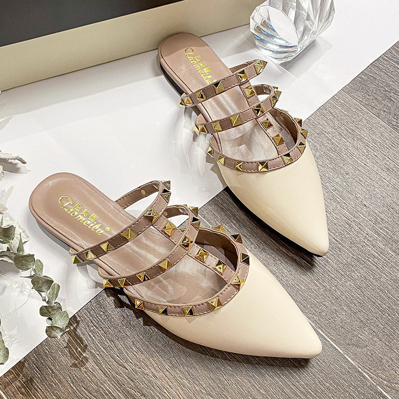 Sandal datar ukuran besar untuk wanita, tas kepala, setengah sandal untuk wanita, sandal remet runci