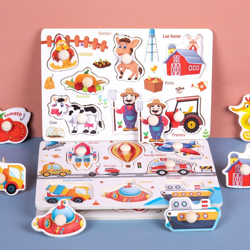 Mainan Edukasi Anak Puzzle Kayu Knob Background Bergambar Kognitif Wooden Toys Mainan Balok Hewan Ik