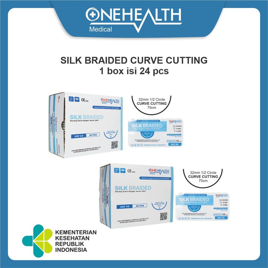Onehealth Benang Jahit Silk Braided Sutures With Needle 75Cm Benang Operasi Sutra Untuk Luka + Jarum