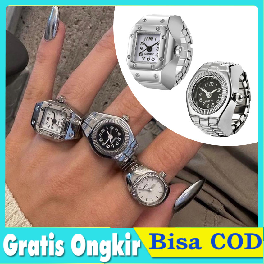 Jam Cincin Analog Vintage Pria Wanita Ring Watch Jari Strap Elastis Unik Quartz Free Box & Baterai