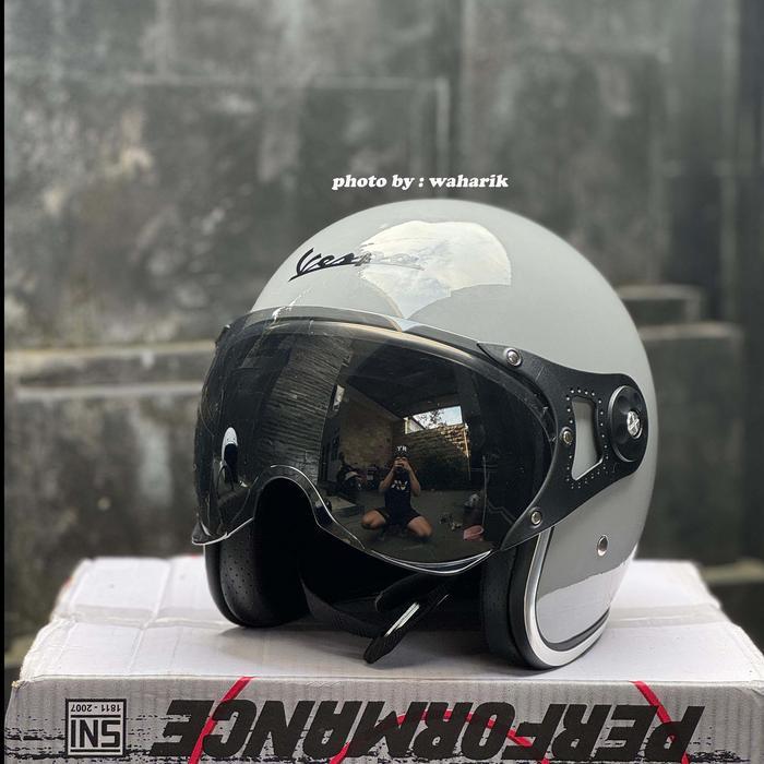 Helm Vespa Matic Retro + Visor Import Original Grey Materia - Grey Materia, M