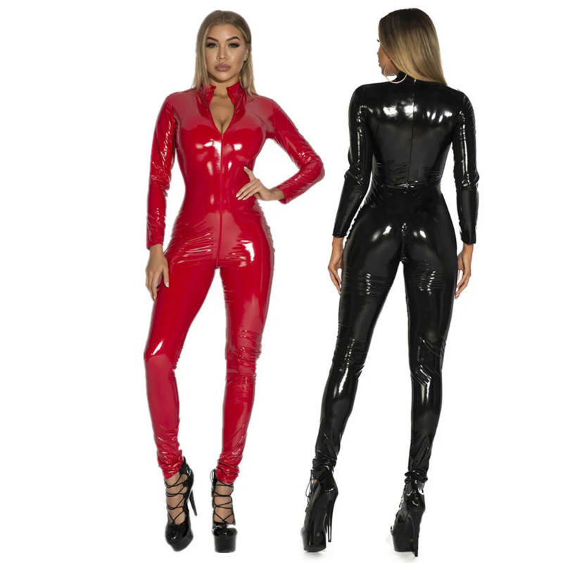 Plus Size Women Sexy Latex Catsuit Black Full Bodysuit Jumpsuit Faux Leather Costume