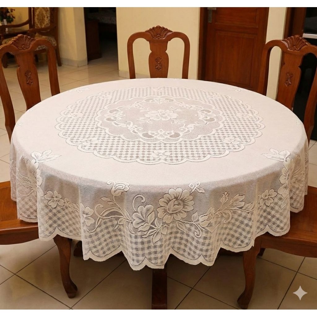 TAPLAK MEJA MAKAN BULAT/BUNDAR UNTUK 6 KURSI POLYESTER RENDA CLASSIC