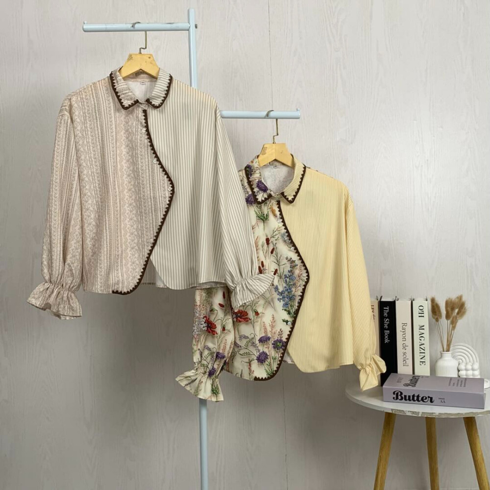 Atasan Kemeja Wanita Motif Garis Lengan Panjang Model Korea