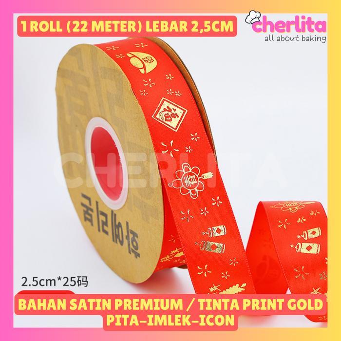 Pita Imlek Chinese New Year Tahun Baru Cina Merah Satin Emboss Gold - Motif Icon [terlaris]