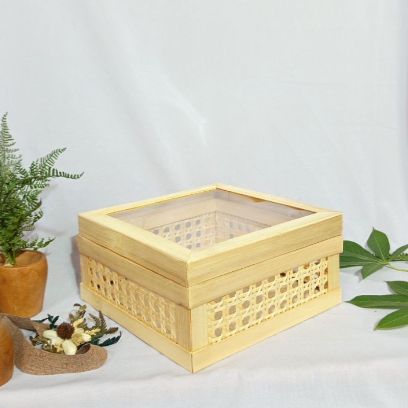 R wadah hampers keranjang motif rotan segi enam hexagonal tutup kaca transparan hantaran25x25x12cm  