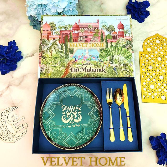 Hampers piring lebaran premium dining set sendok garpu pisau cutlery hijau arabian emerald hamper pa
