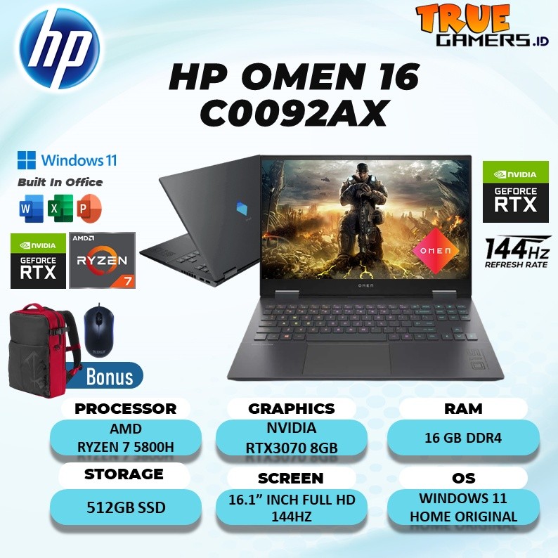 Laptop HP Omen 16 C0092AX RTX3070 8GB Ryzen 7 5800H 16GB 512SSSD 16.1FHD 144HZ free OHS