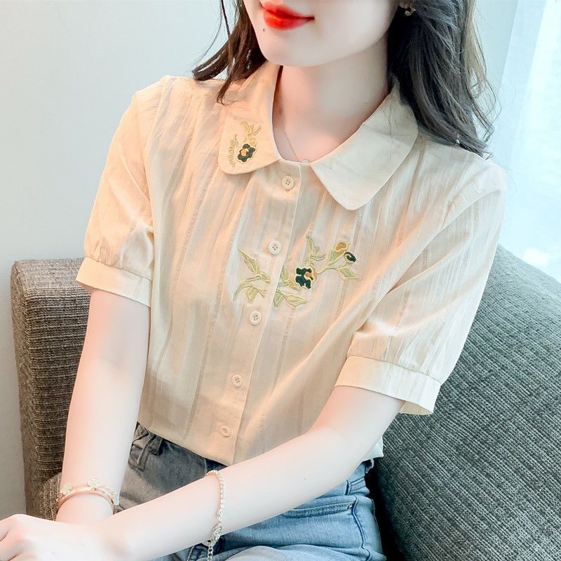 Kemeja Katun Tipis Baru Musim Panas Wanita Lengan Pendek Blus Bordir Elegan