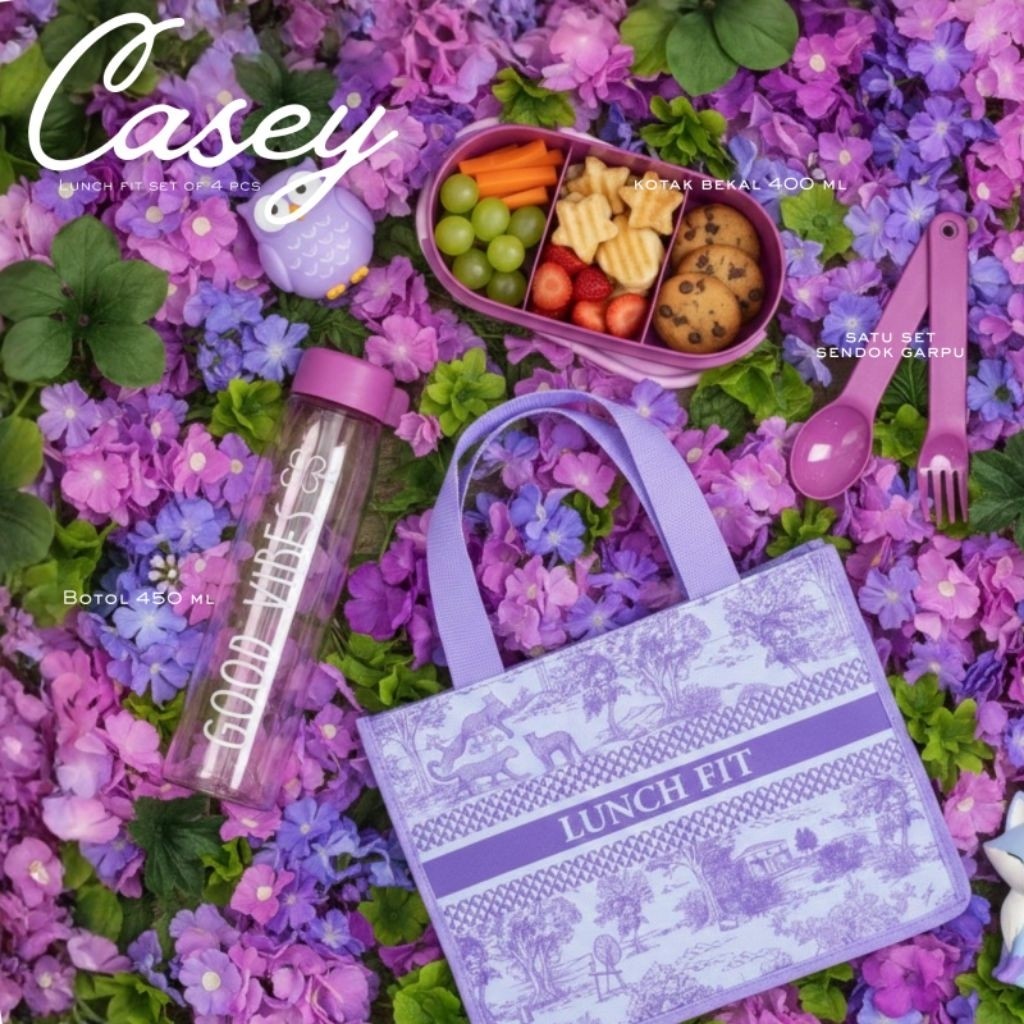 Tas Bekal Set Casey Aesthetic Kotak Makan Bersekat + Botol 450ml + Sendok Garpu Set Wadah Bekal Pikn