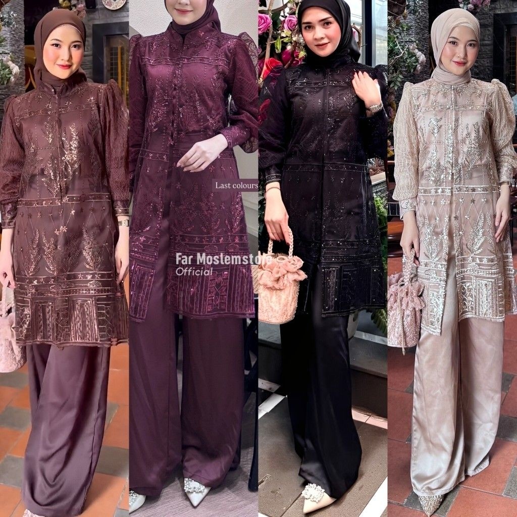 EZMOSHOP Sakura set tunik brokat celana ootd kondangan wanita baju lebaran kekinian