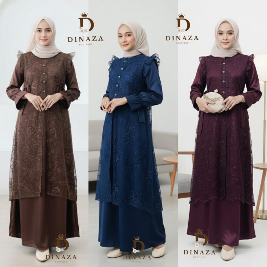 Jasmine Dress Brukat by Dinaza - Satin Silk Brokat Semi Outer Mewah Elegan Simpel Gamis Kondangan - 