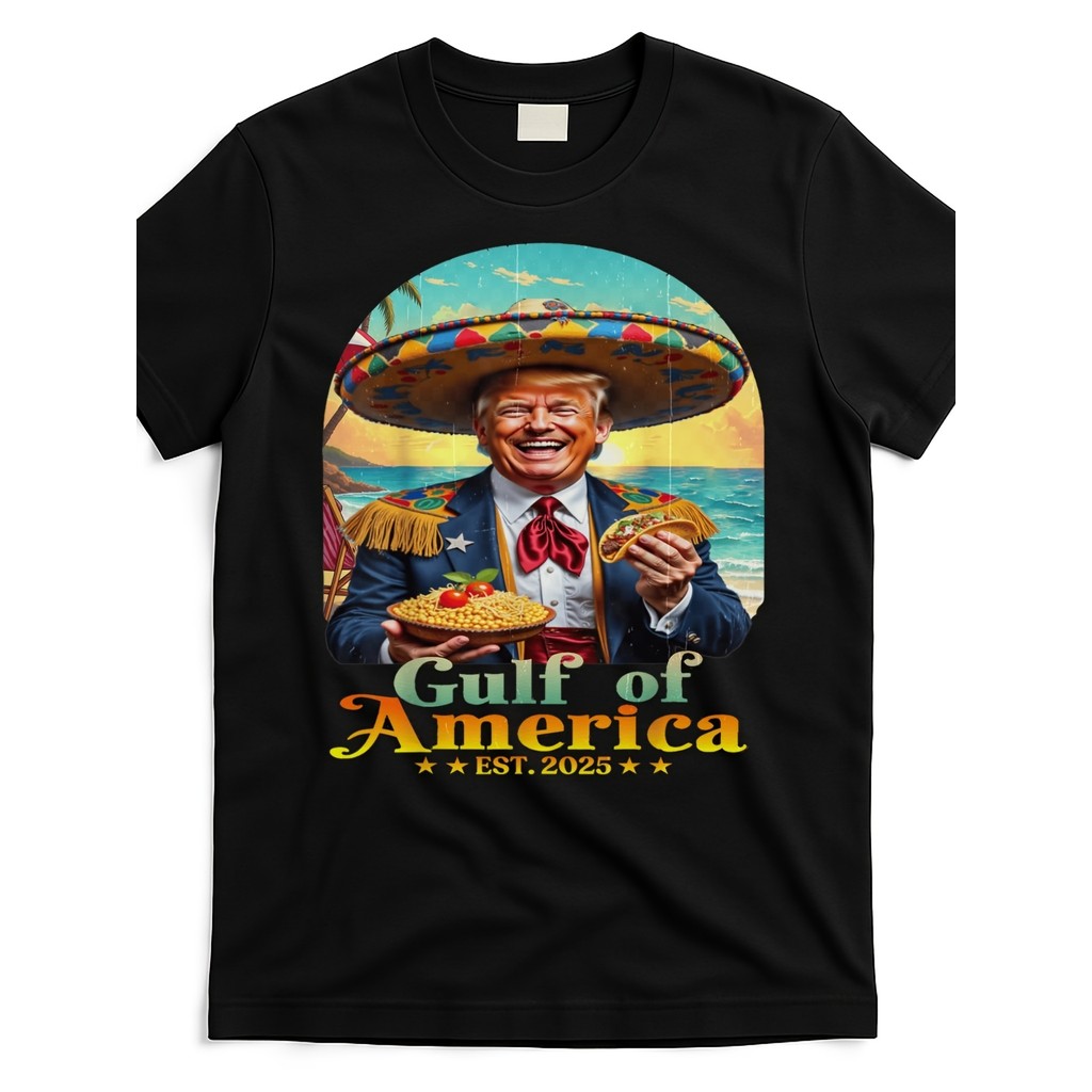 Kaos Pria Retro Politik Trump - Desain 'Gulf of America' dengan Topi Meksiko & Taco - Katun Lembut B