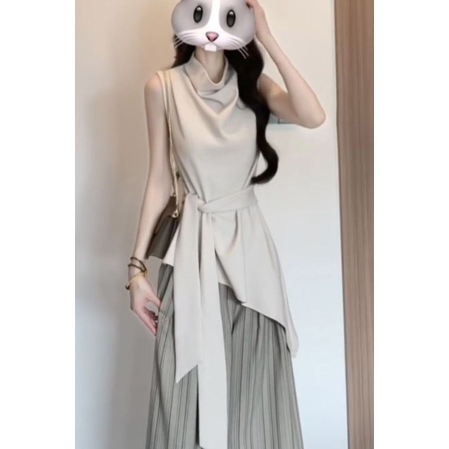 Tank Top Wanita Strap-on Tidak Beraturan - Celana Kaki Lebar Bergaris Pinggang Tinggi