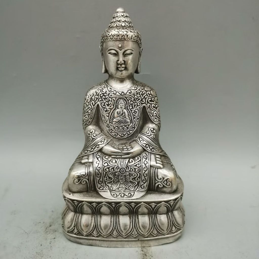 5" Tibetan Buddhism Tibet Silver Shakyamuni Amitabha Buddha Buddhism Robe Statue