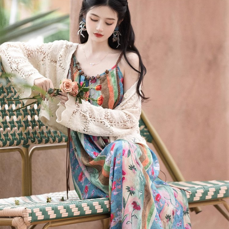 Mode VogueCardigan Suspender Bergaya Lukisan Minyak untuk Pemotretan Musim Panas Wanita