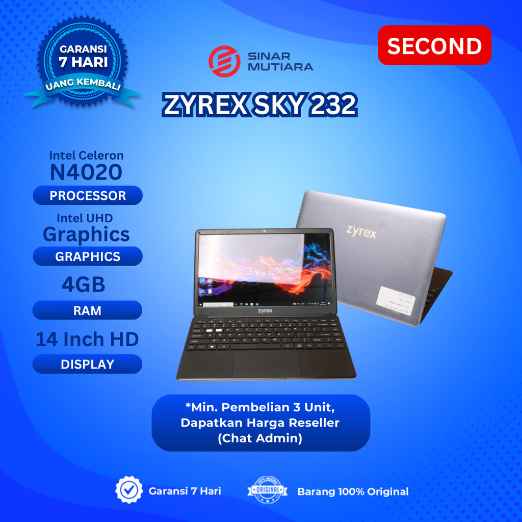 ZYREX SKY 232 MINI CELERON N4020 4 GB (12") LAPTOP SECOND ORIGINAL SINAR MUTIARA CELL