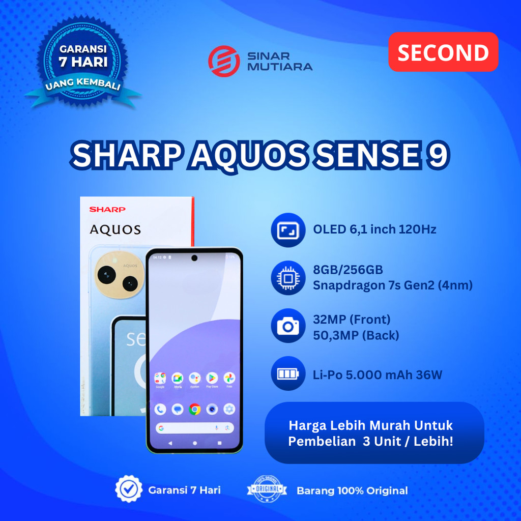 SHARP AQUOS SENSE 9 8/256 GB HP SECOND ORIGINAL SINAR MUTIARA CELL