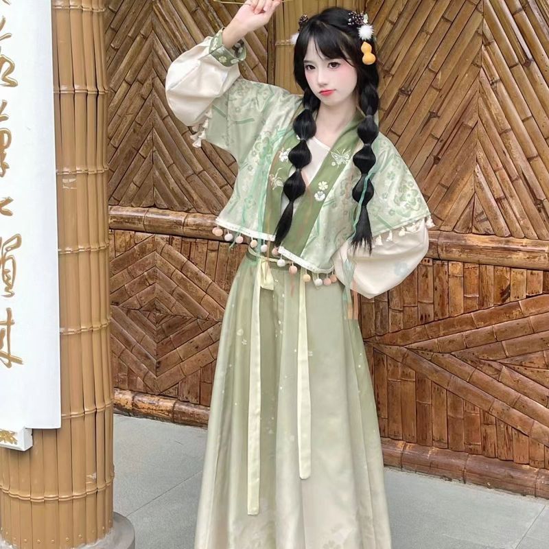Setel Baju Oriental 3 Potongan Trend 2024, Hanfu Moden Bordir Rapi, Rok Model Lipit Delapan Gaya Tan
