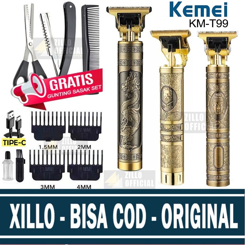 XILLO - Alat Cukur Rambut Cas KEMEI KM-T99 Mesin Cukur Baterai BONUS Gunting Sasak Set