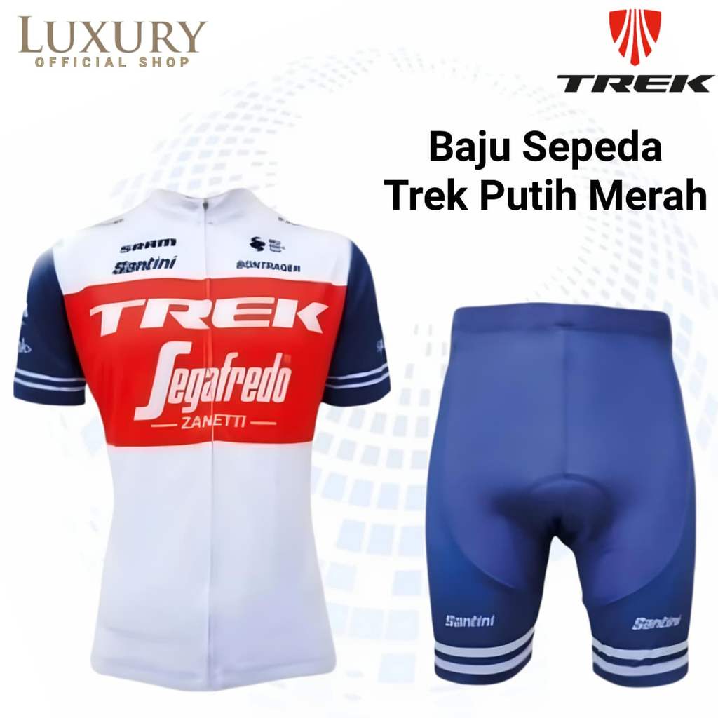 Jersey Baju Sepeda TREK Putih Merah Setelan Set Celana Padding Olahraga Gowes