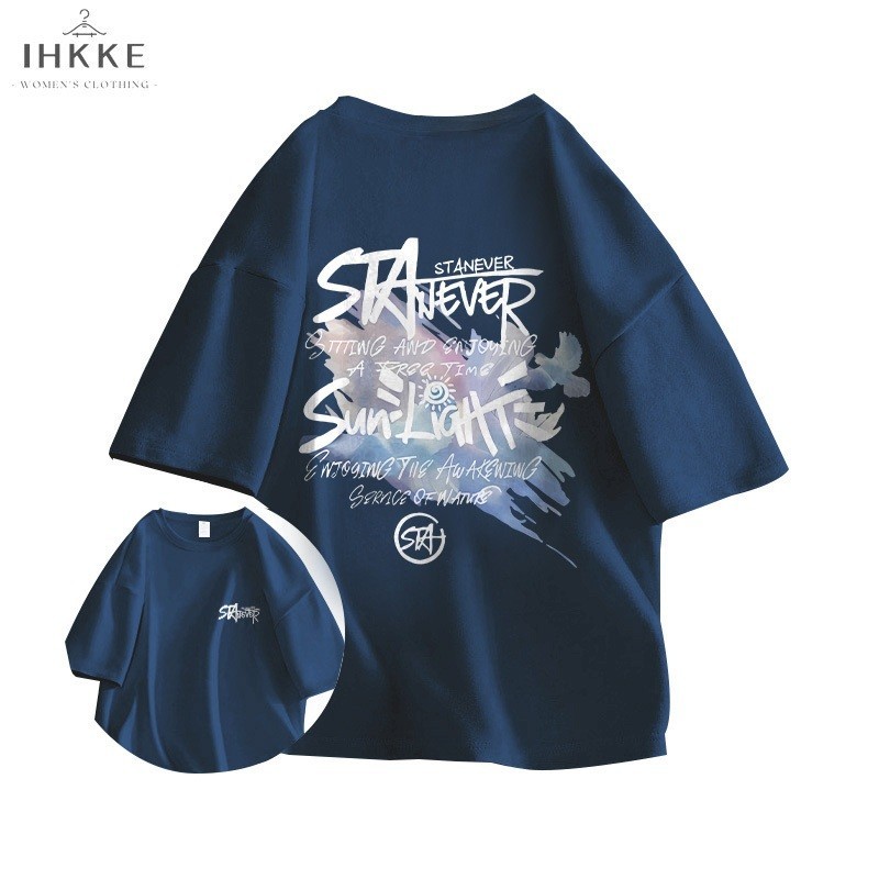 IHKKE Baju Atasan Wanita | Cetakan Grafiti Trendi Biru laut T-shirt | Baju Atasan Wanita Terbaru | L