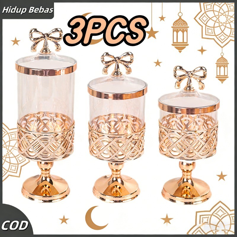 3Pcs Toples Set  Serbaguna  Kedap Dan Aesthetic Rosegold Toples Kue Lebaran Set Mewah Toples Penyimp