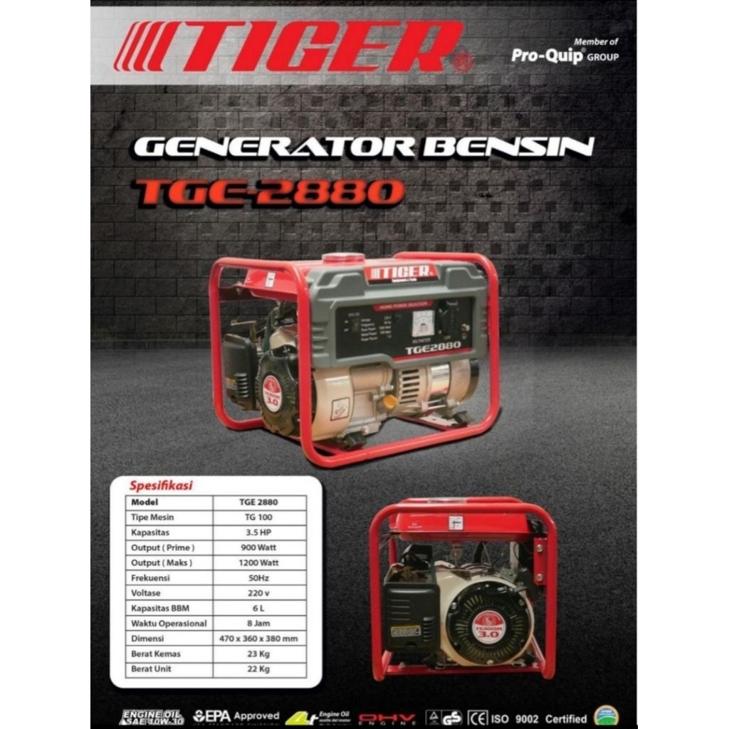 Tiger Mesin Genset 4Tak TGE 2880 Generator Tiger 900-1200watt