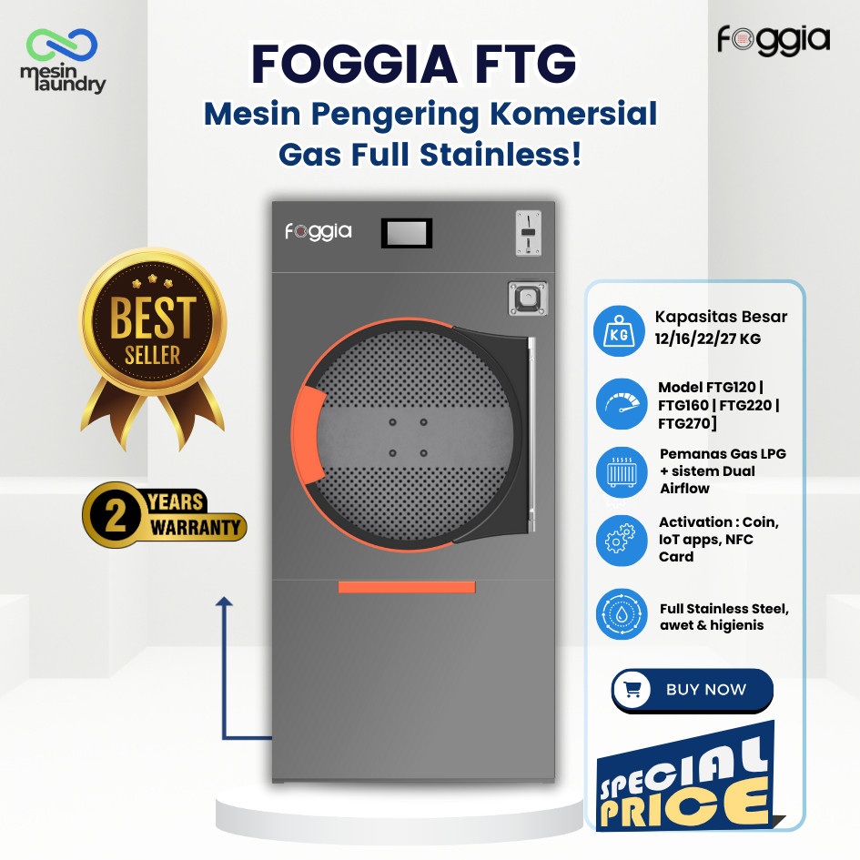 FOGGIA FTG Tumble Dryer – Mesin Pengering Gas Full Stainless untuk Laundry Skala Menengah-Besar