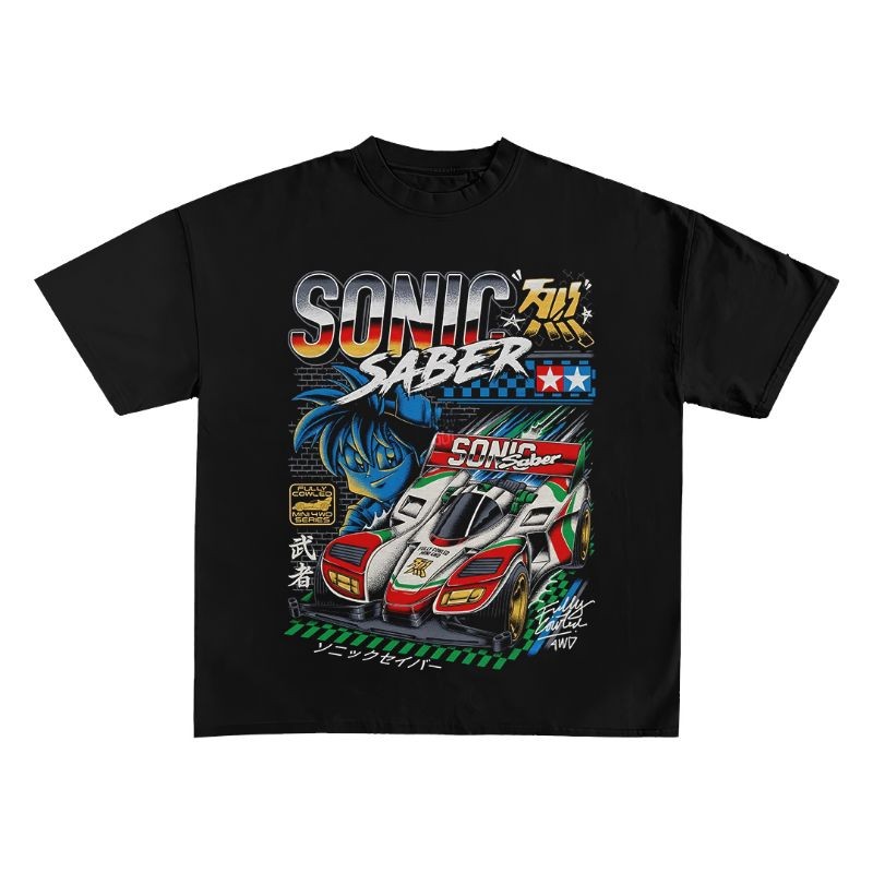 KAOS VINTAGE TAMIYA SONIC SABER | T-SHIRT BAJU VINTAGE ANIME MINI 4WD ANAK DAN DEWASA | COMBED BLACK