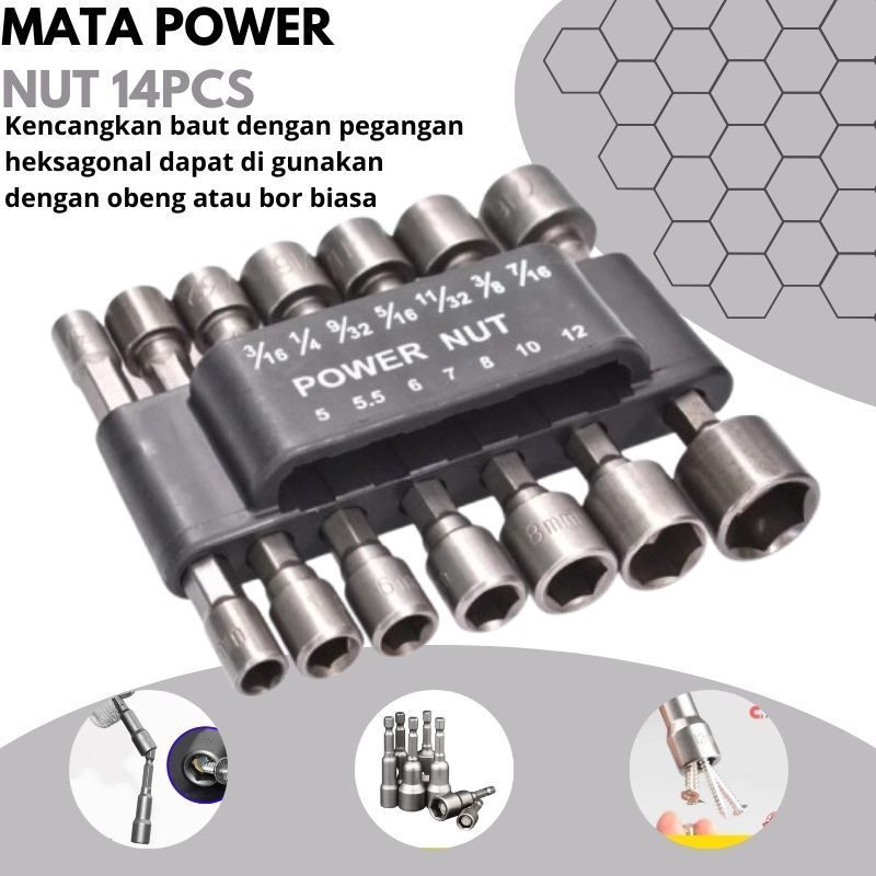 Power Nut Socket Set 14pc Mata Bor Kunci Pas Shock Hex adapter mata bor sock baut roofing adaptor ma
