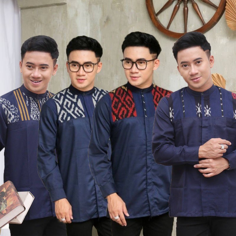 NEW KEMEJA KOKO LENGAN PANJANG NAVY KOMBINASI TENUN //KEMEJA KOKO LEBARAN // KEMEJA CASUAL LENGAN PA